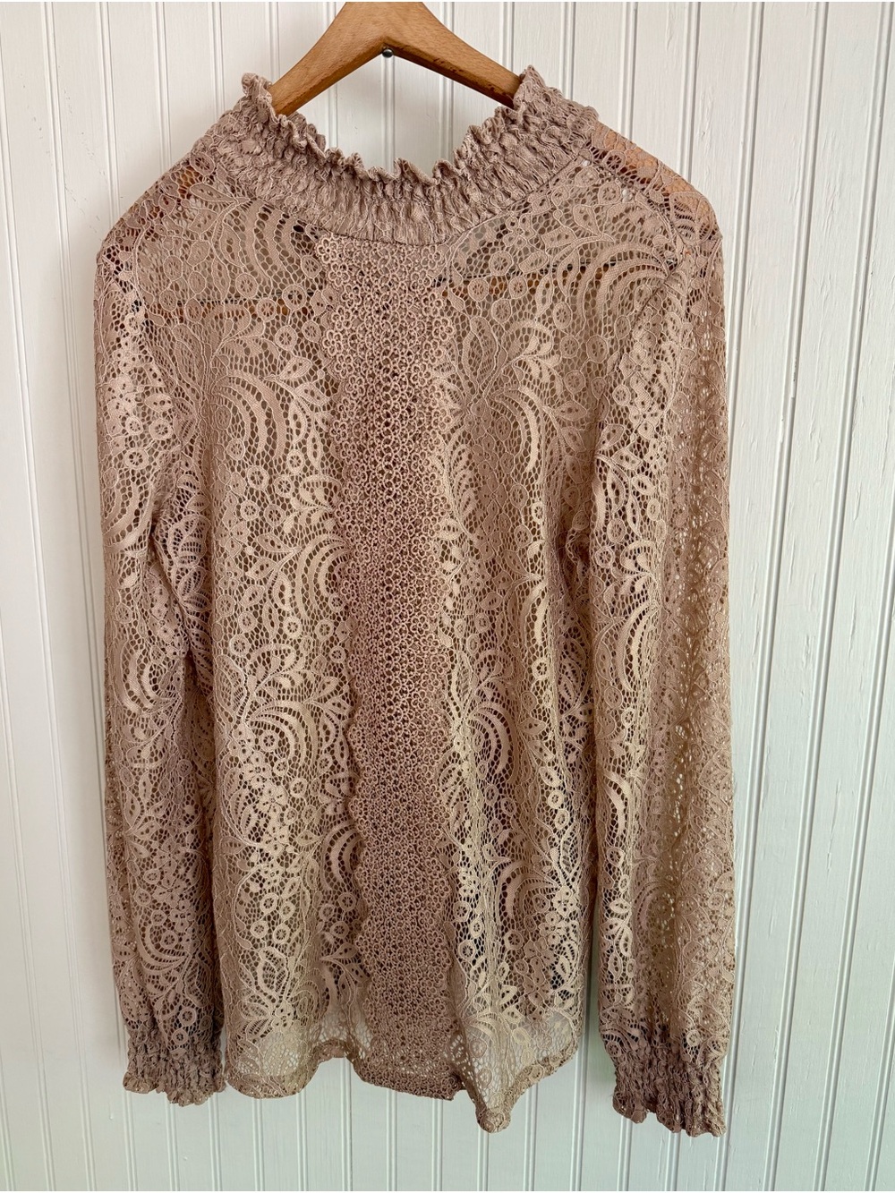 Cable & Gauge Lace Long-Sleeve Shirt Size M Mock Neck Top in Taupe